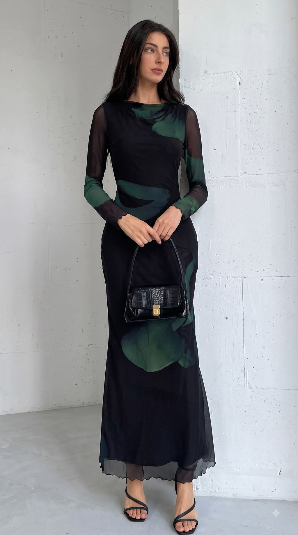 Black & Emerald Green Abstract Print Bodycon Maxi Dress – Jewelleza ...